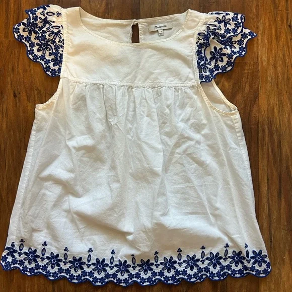 Madewell Women’s Size 4 White Shirt with Blue Embroidery on Sleeve Summer - Picture 4 of 11